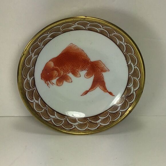 Sakowitz Vintage Bowl Ceramic in Brass Trim Orange Koi Fish Hong Kong Design - Picture 1 of 8